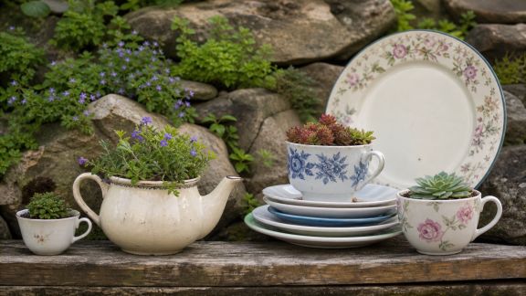 Donner une seconde vie à la vaisselle en déco de jardin insolite